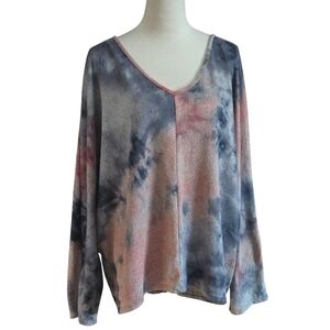 Blumin Apparel USA V-Neck Women’s 3X Top Blue Pink Gray Tie Dyed Dolman Sleeves